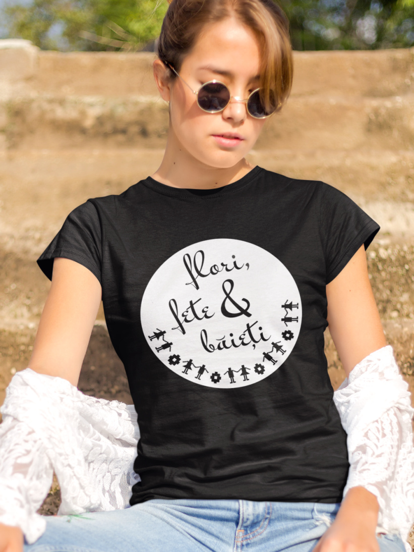 Tricou Negru Flori, Fete si Baieti