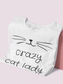 TRICOU CRAZY CAT LADY ALB V1 DETALIU