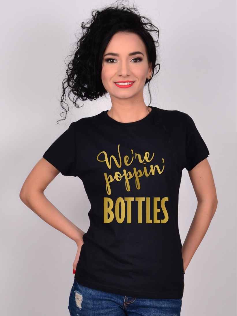 Tricou Negru We're Poppin' Bottles Auriu