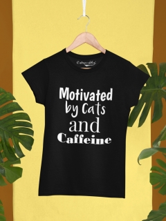 TRICOU MOTIVATED BY CATS AND CAFFEINE NEGRU DETALIU 2