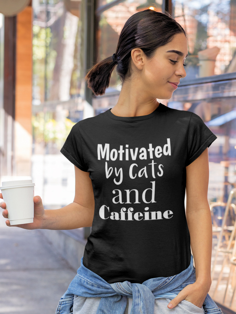 Tricou Negru Motivated by Cats and Caffeine