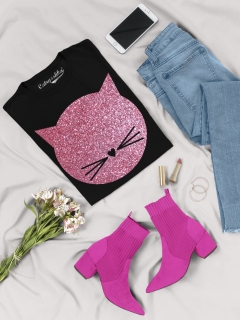 TRICOU CU PISICI MEOW GLITTER ROSE GOLD DETALIU