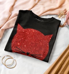TRICOU MEOW GLITTER ROSU DETALIU