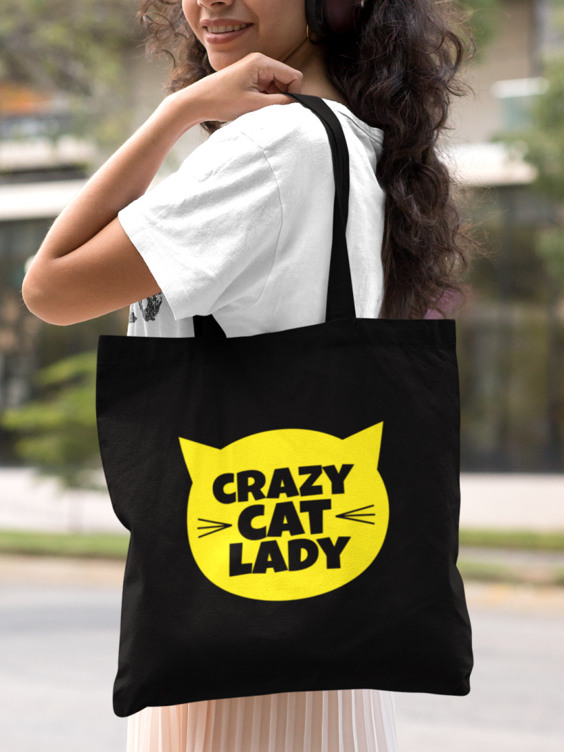 Sacoșă Neagră Bumbac Crazy Cat Lady