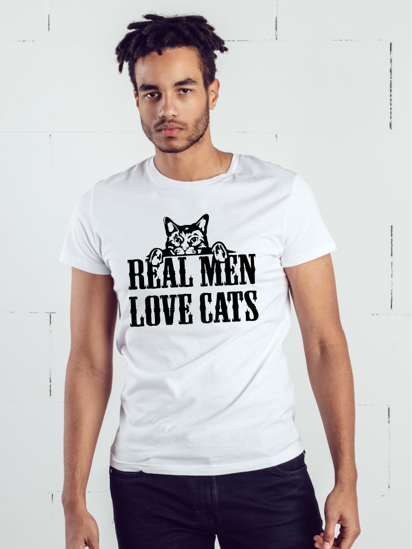 TRICOU BARBATI ALB REAL MEN LOVE CATS