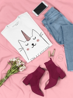 TRICOU CU PISICI IM A CATICORN ALB DETALIU