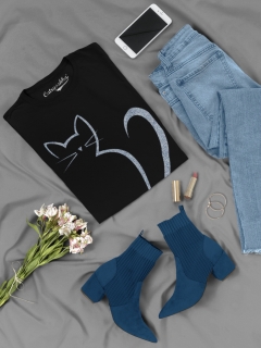 TRICOU PISICA SILUETA GLITTER DETALIU