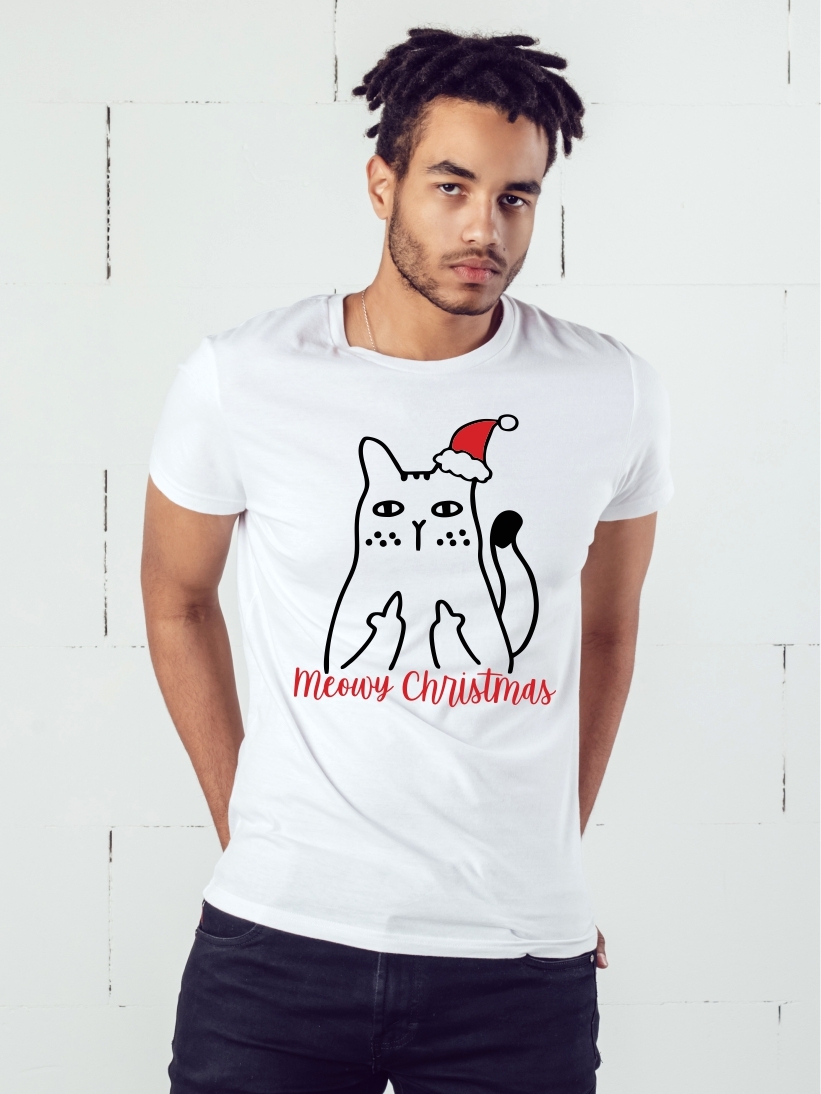 Tricou Bărbați Alb cu Pisică Meowy Christmas