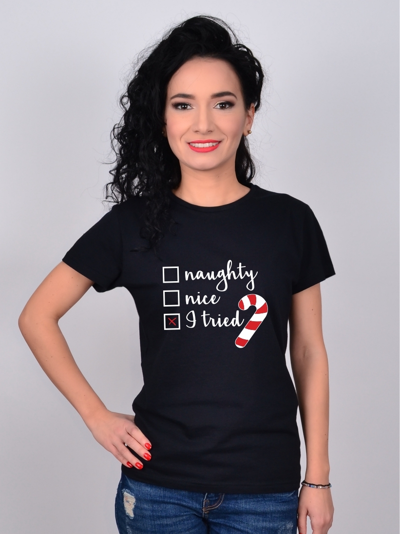 Tricou Negru Mesaj de Craciun Naughty/Nice/I tried