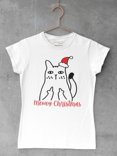 TRICOU MEOWY CHRISTMAS ALB DETALIU