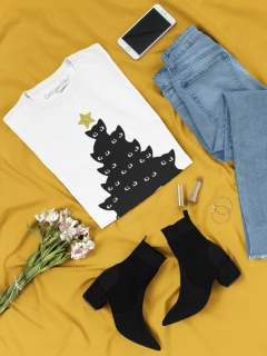 TRICOU MERRY CATMAS ALB GLITTER DETALIU
