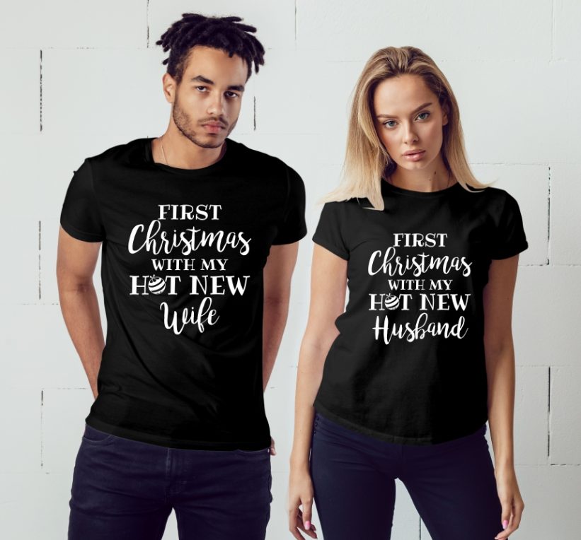 Tricouri Cuplu cu Mesaj First Christmas With My Hot New Wife & Husband