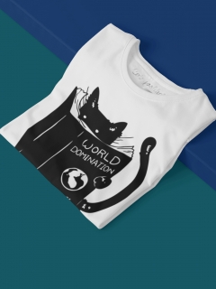 TRICOU CU PISICI WORLD DOMINATION FOR CATS ALB DETALIU
