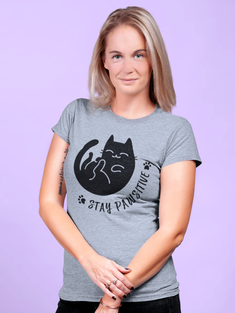 Tricou Cu Pisici Stay PAWsitive Gri