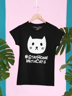 TRICOU FEMEI STAY HOME WITH CATS NEGRU DETALIU