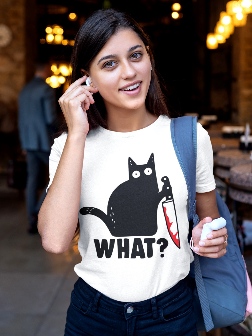 Tricou cu Pisică "What?" Alb