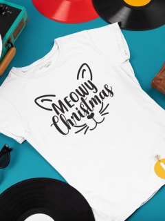 TRICOU DAMA MEOWY CHRISTMAS ALB