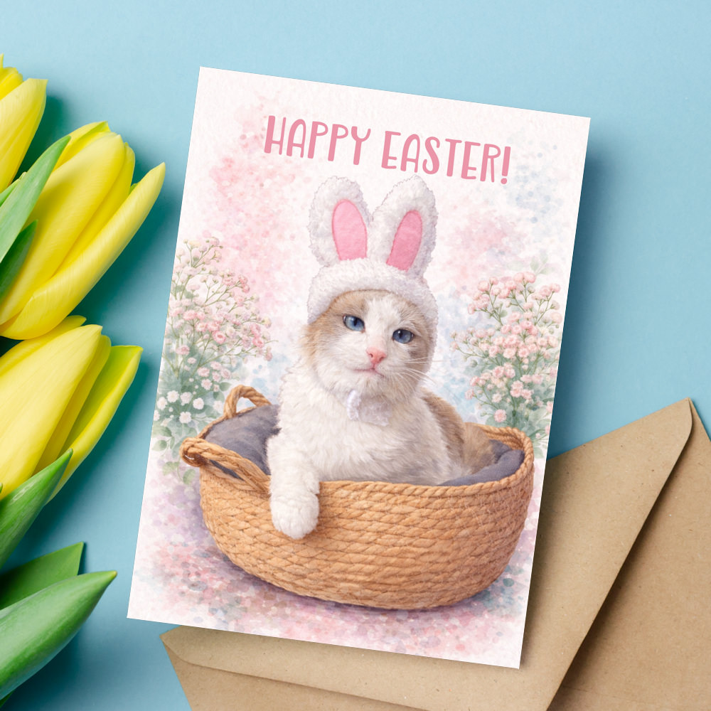 Blank greeting card mockup with envelope and yellow tulip flowers on blue Blank greeting card mockup with envelope and yellow tulip flowers on blue